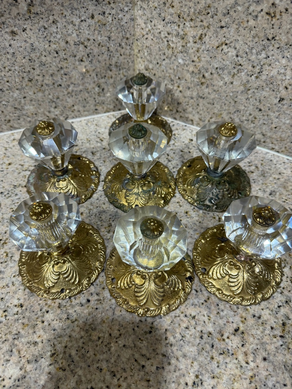 Set of 7 Vintage Faceted Glass Door Knobs Ornate Brass Rosettes Hardware 50’s